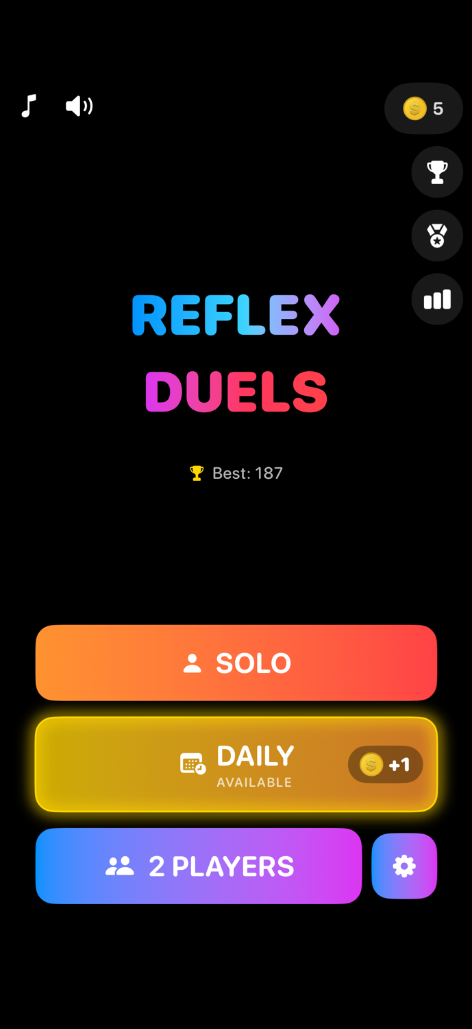 Reflex Duels home screen - choose Solo, Daily Challenge, or Duel mode